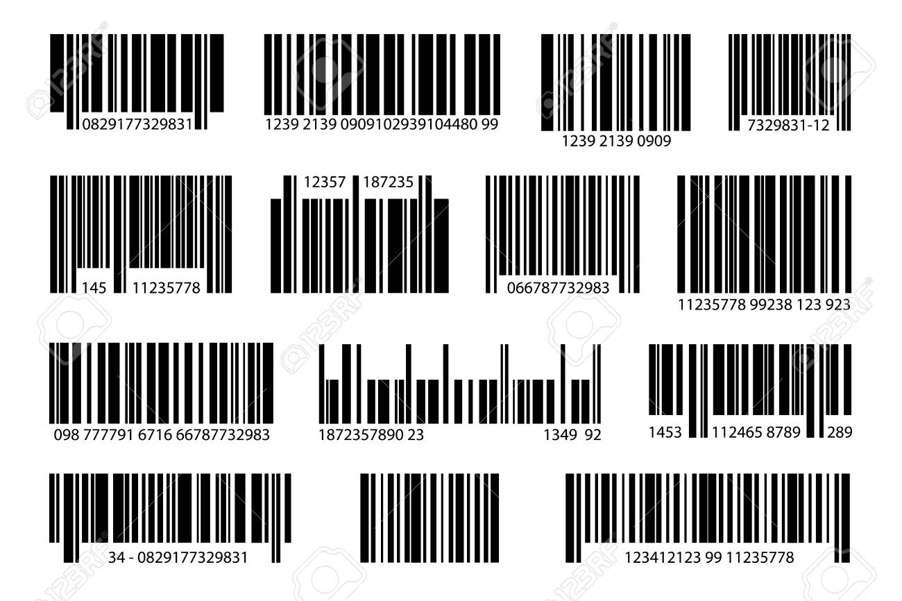 各種デジタルバーコードセット。 UPCの価格サンプル、アイテムラベル、製品ステッカーのベクターイラストコレクション。情報、販売、パッケージングのコンセプトのイラスト素材・ベクター  Image 150516190