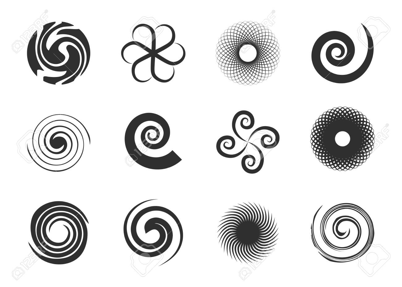 Circular swirls set. Twisted spiral circles, black various whirlpool, speed twirls, abstract graphic round shapes with motion effects. Can be used for psychedelic effect, circular movement topics - 151059115 Circular swirls set. Twisted spiral circles, black various whirlpool, speed twirls, abstract graphic round shapes with motion effects. Can be used for psychedelic effect, circular movement topics - 151059115