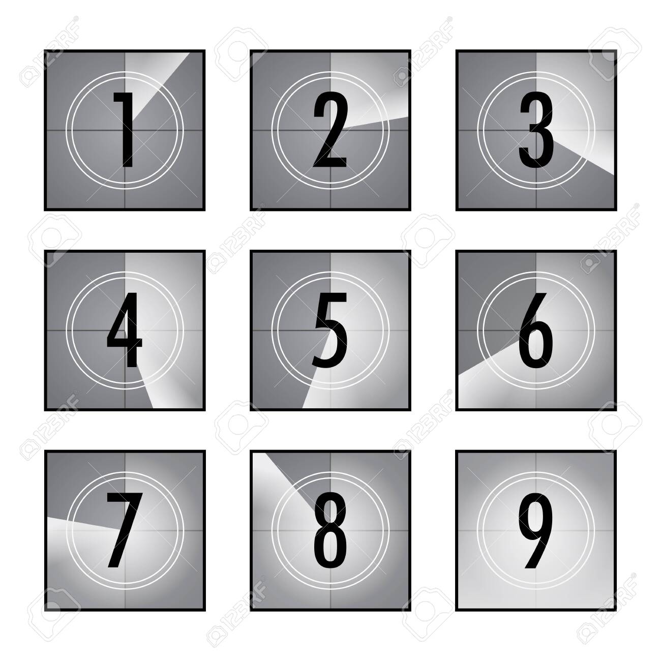 Film Countdown Set. Square Counters With Numbers In Circles, Vintage Intro  Of Movie, Retro Camera Or Projector Timer. Can Be Used For Television,  Video, Cinematography, Old Movie Concepts Клипарты, SVG, векторы, и