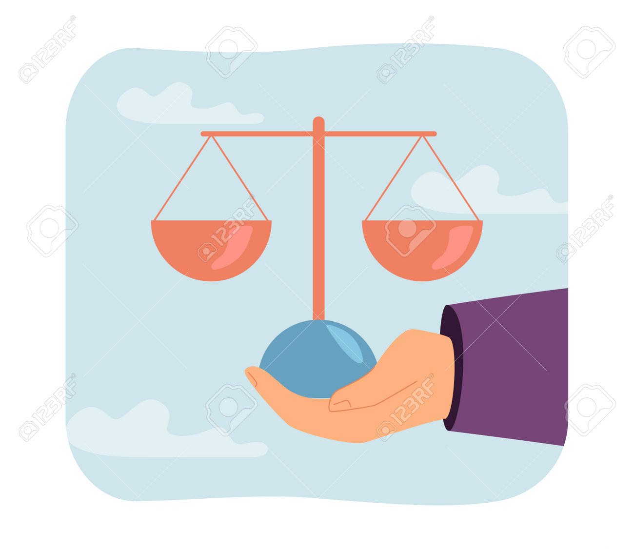 天秤を持つ人間の手。正義と法的決定のシンボルを持つ男性フラットベクターイラスト。法律 、比較、バナー、ウェブサイトのデザイン、またはランディングウェブページの公民権のコンセプトのイラスト素材・ベクター Image 192519903