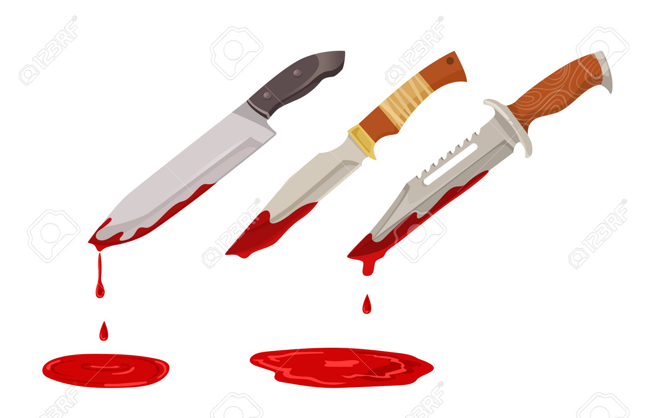 血のベクターイラストセットで覆われたナイフ。白い背景に血が滴る短剣