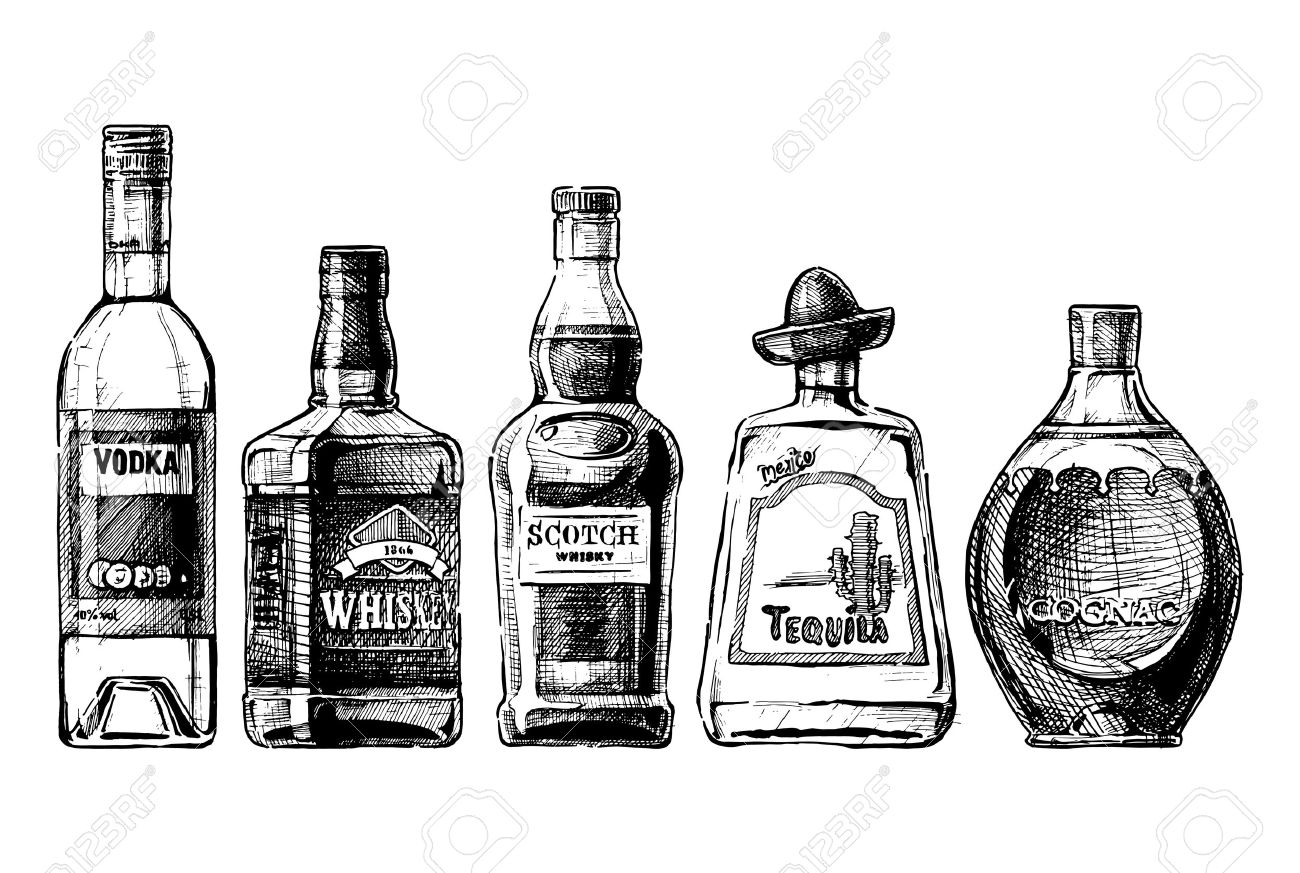 Vector set of bottles of alcohol in ink hand drawn style. isolated on white. Distilled beverage - 50017768 Vector set of bottles of alcohol in ink hand drawn style. isolated on white. Distilled beverage - 50017768