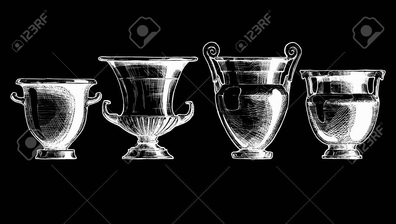 Sketch Of Ancient Greek Vases Set In Ink Style Forms Of Craters