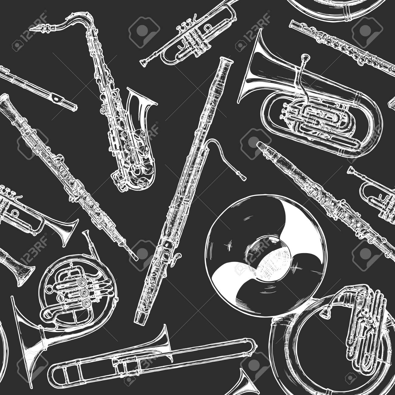 黒い背景に刻まれたヴィンテージスタイルの木管楽器とブラス楽器イラストのシームレスなパターン のイラスト素材 ベクタ Image 80133199