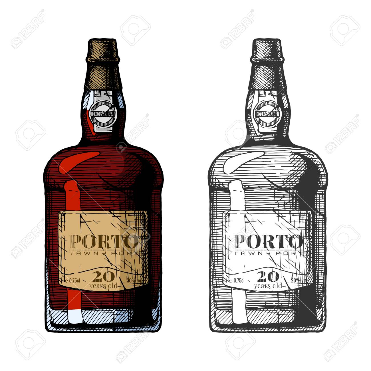 ヴィンテージ彫刻スタイルでタウニーポートワインボトルのベクトル手描きイラスト 歳 色と白黒のバージョン のイラスト素材 ベクタ Image