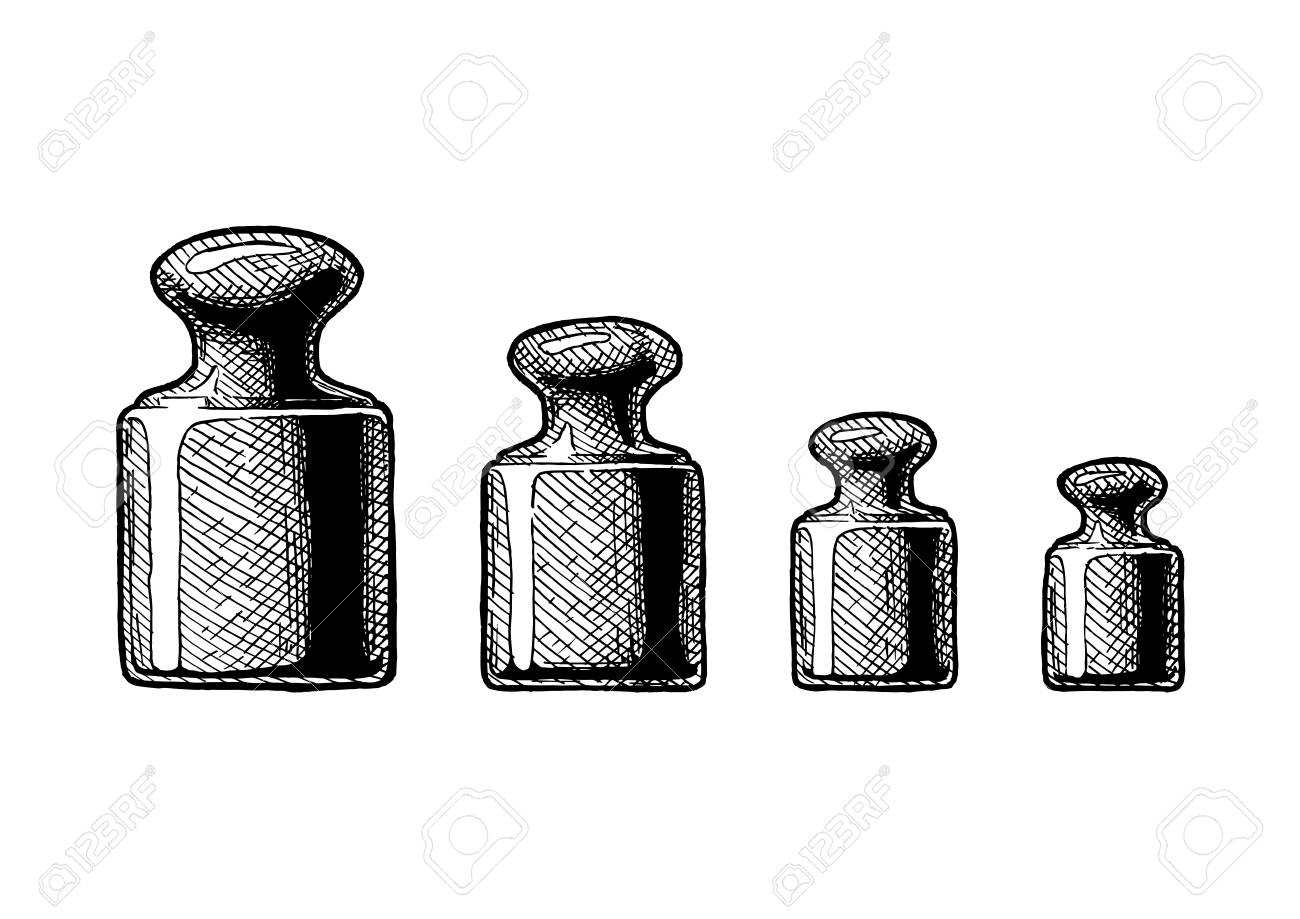 Set Of Precision Calibration Weight For A Balance Scale. Vector Hand Drawn  Illustration In Vintage Engraved Style. Isolated On White Background.  Royalty Free SVG, Cliparts, Vectors, and Stock Illustration. Image  100820788., image size:1300x919