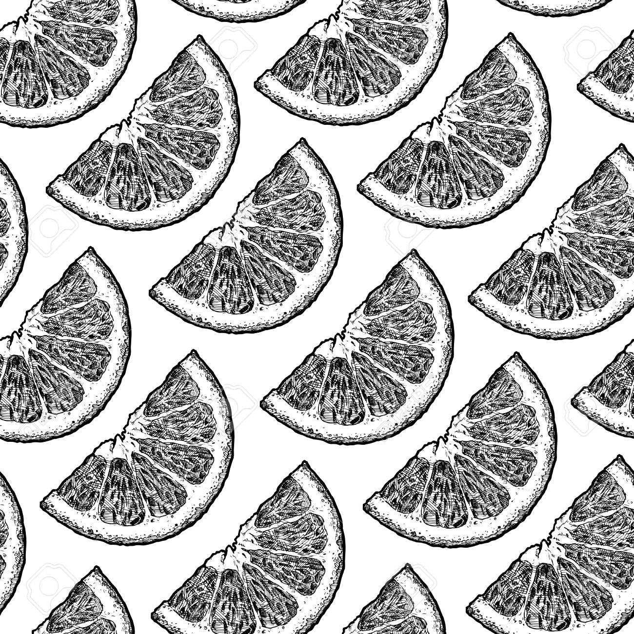 Vector Black And White Seamless Pattern With Citrus, Lemon And Orange Wedges.  Illustration In Vintage Engraved Style. Royalty Free SVG, Cliparts, Vectors,  and Stock Illustration. Image 126329231., image size:1300x1300