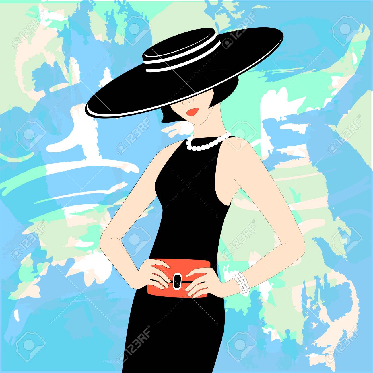 帽子とカラフルな背景のベクトル図にレトロなドレスとファッションの女性モデル ポーズ のイラスト素材 ベクタ Image