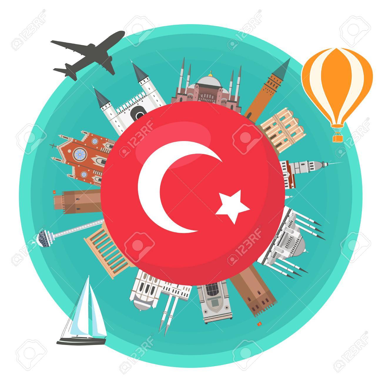 トルコの旗の有名なランドマーク トルコの魅力 旅行と観光 のイラスト素材 ベクタ Image