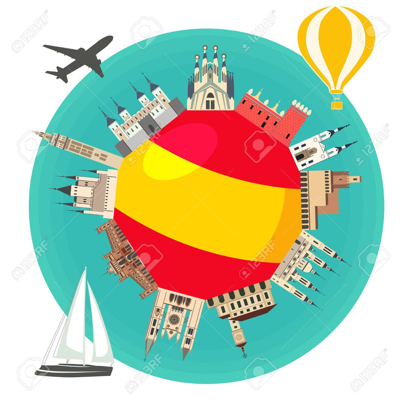 スペインの旗の有名なランドマーク スペインの魅力 旅行と観光 のイラスト素材 ベクタ Image