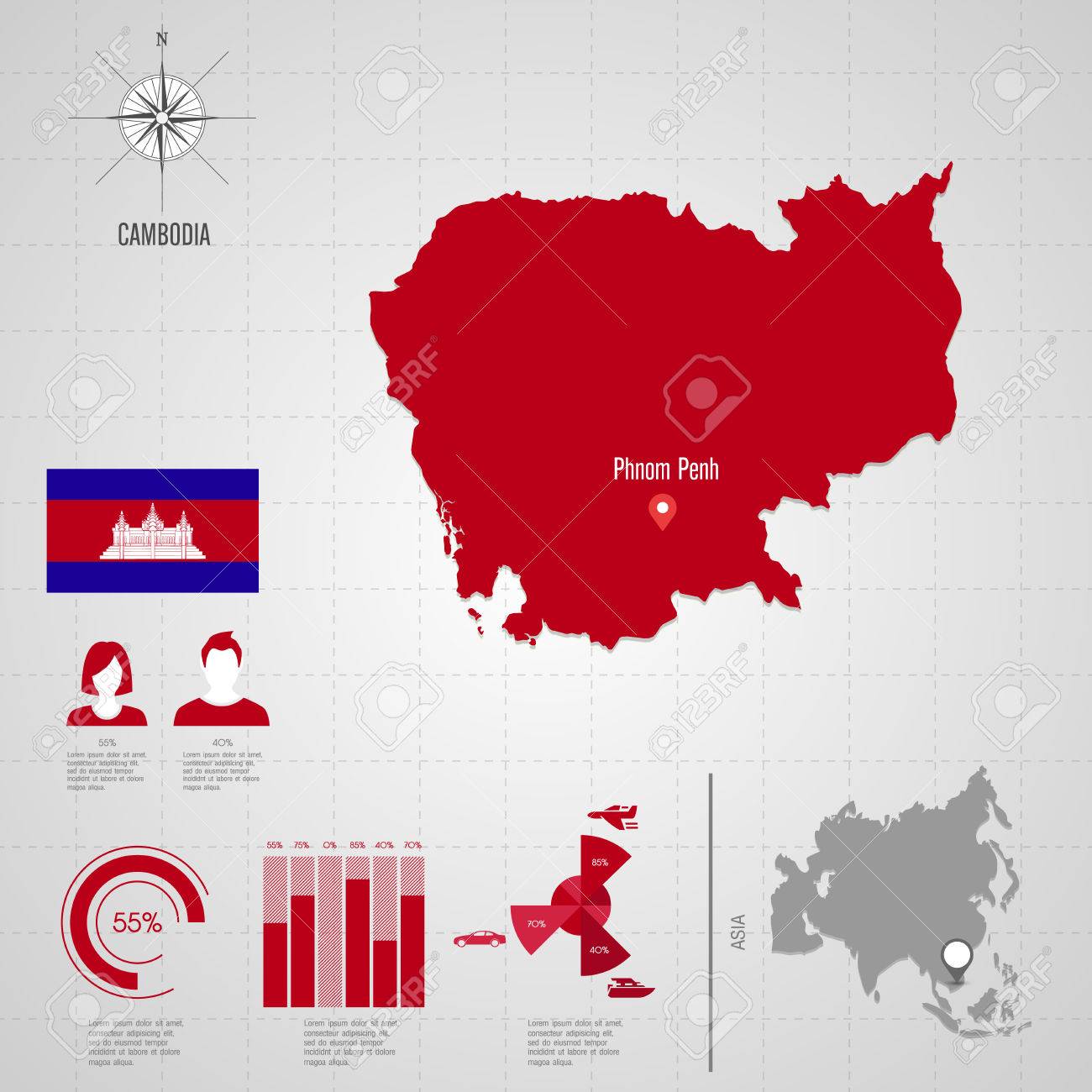 共和国のカンボジアの国旗アジア世界地図旅行ベクトルのイラスト素材 ベクタ Image