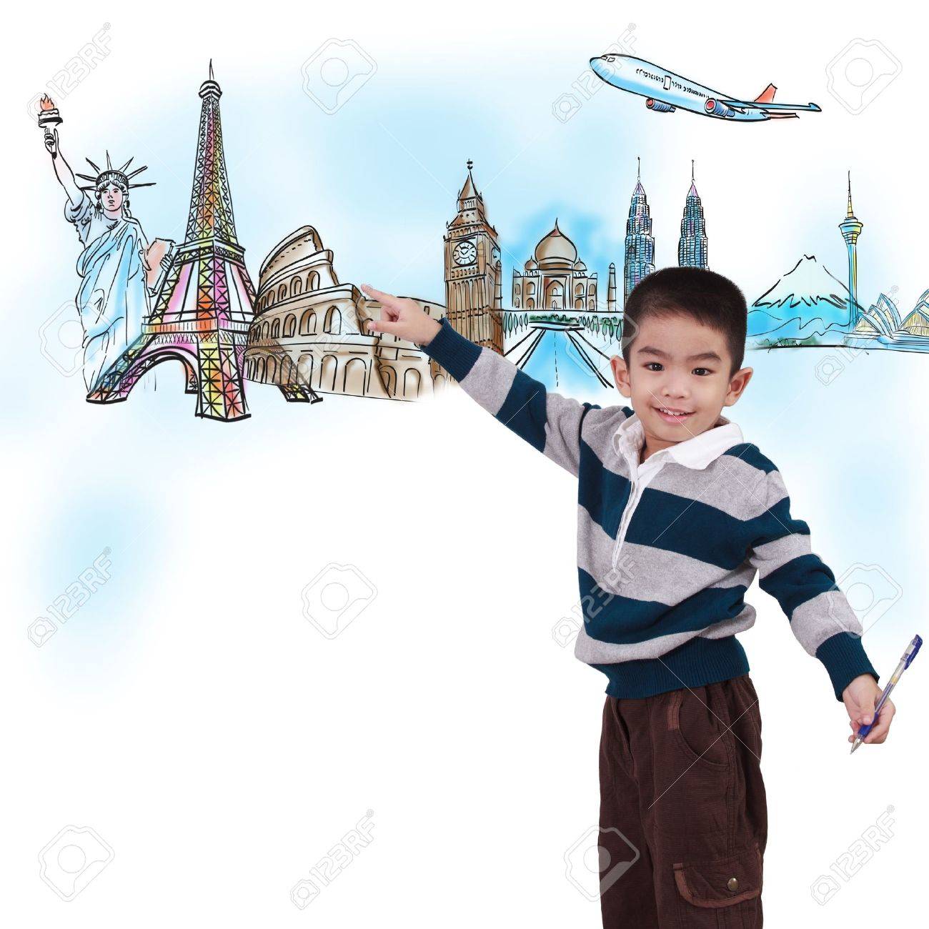 boy drawing the dream travel around the world in a whiteboard - 14689355 boy drawing the dream travel around the world in a whiteboard - 14689355