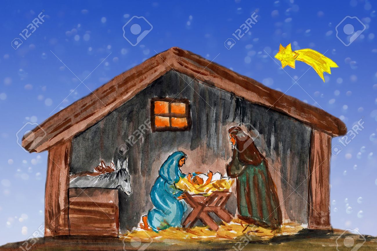 Nightly christmas scenery mary and joseph in a manger with baby Jesus in the crib, watercolor painting - 25034529 Nightly christmas scenery mary and joseph in a manger with baby Jesus in the crib, watercolor painting - 25034529