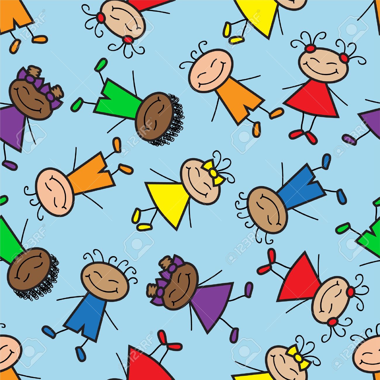 Sfondo senza soluzione di continuit  con i bambini dei cartoni animati in abiti di colori diversi