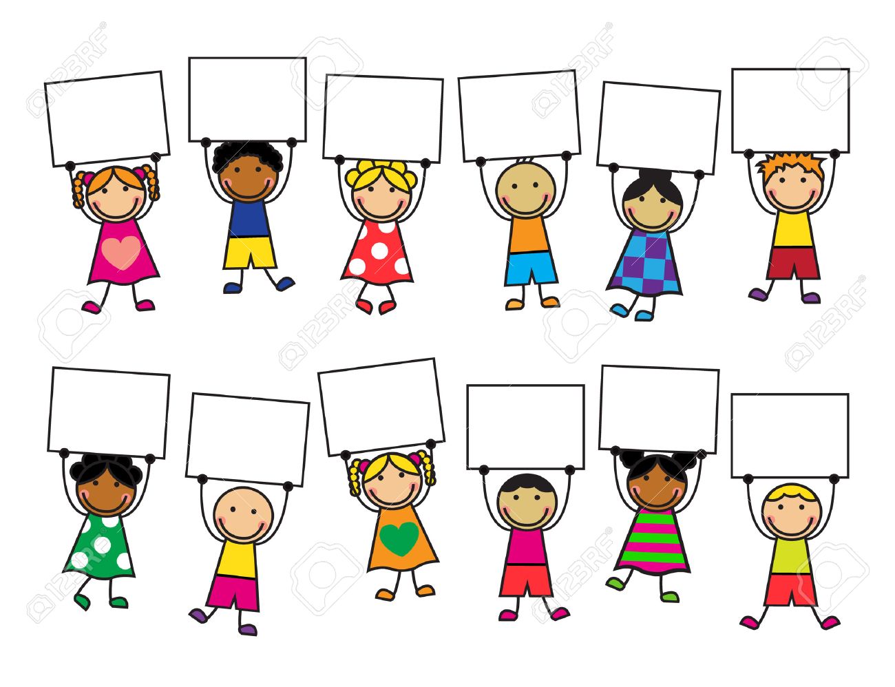 cartoon kids in bright clothes with placards in their hands royalty