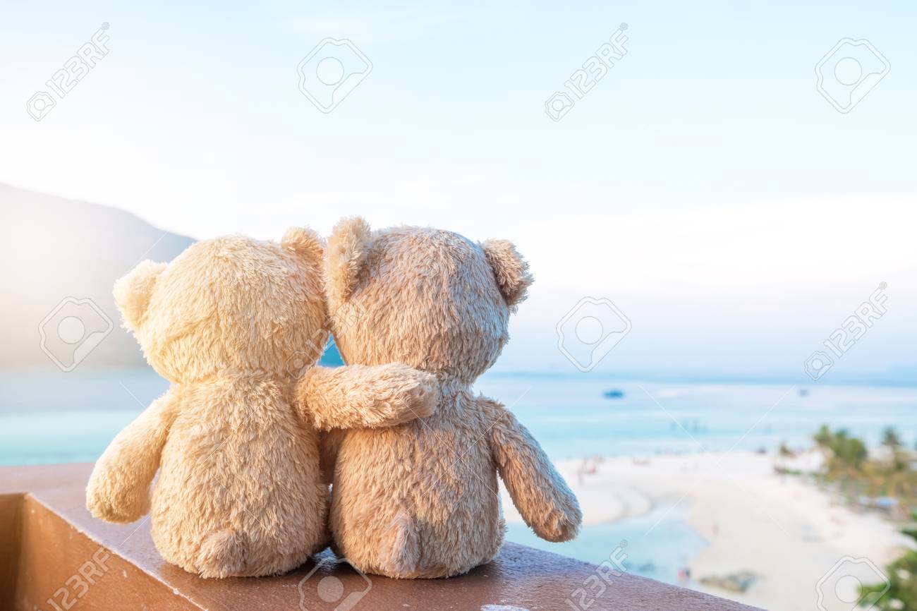 Two Teddy Bears Sitting Sea View. Love And Relationship Concept
