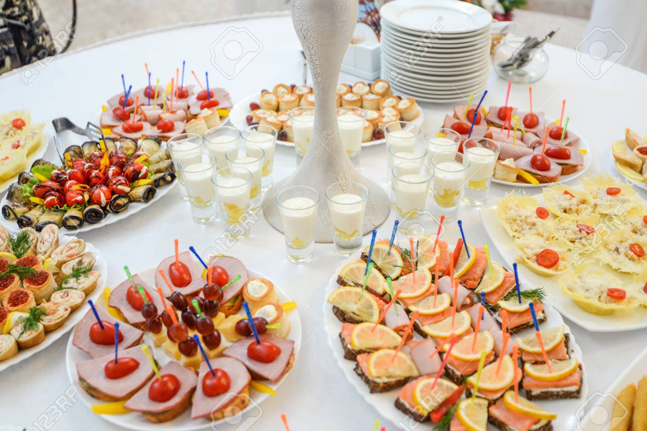 Catering Canapes Food At The Wedding Banquet Stock Photo, Picture and  Royalty Free Image. Image 65535838., image size:1300x867