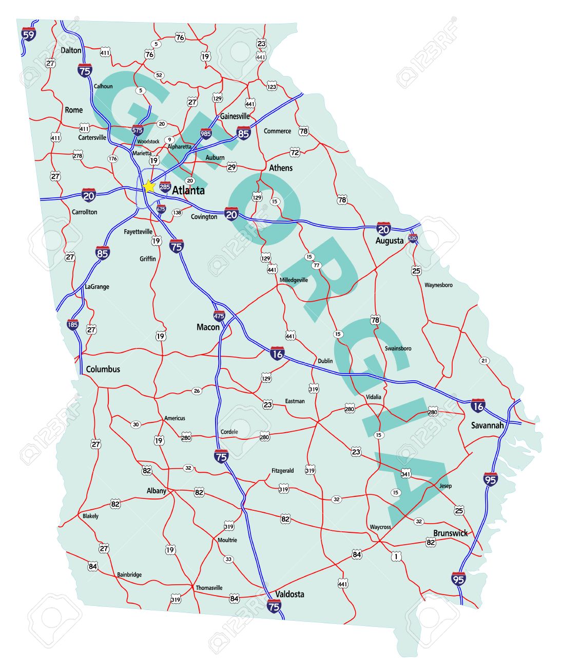 Georgia State Road Map With Interstates, U.S. Highways And State Roads. All  Elements On Separate Layers For Easy Editing. Map Created December 1, 2009.  Royalty Free SVG, Cliparts, Vectors, and Stock Illustration. Image 6009590., image size:1095x1300