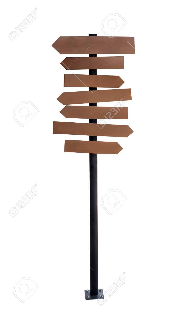 wooden arrow sign post or road signpost on white background stock