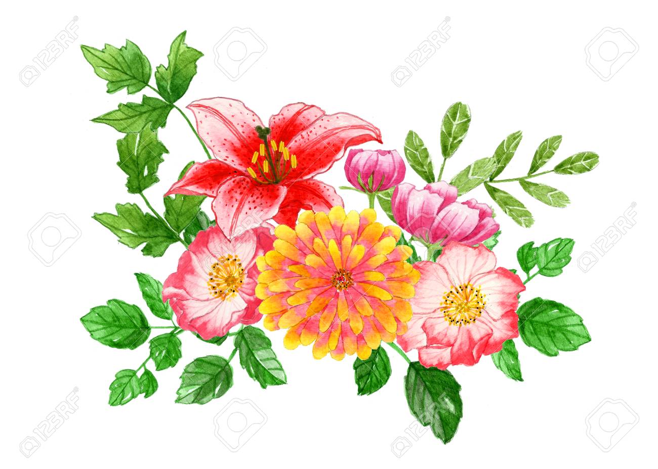 Bouquet De Fleurs Et De Feuilles Peinture Aquarelle Florale Sur Des Milieux Isolés