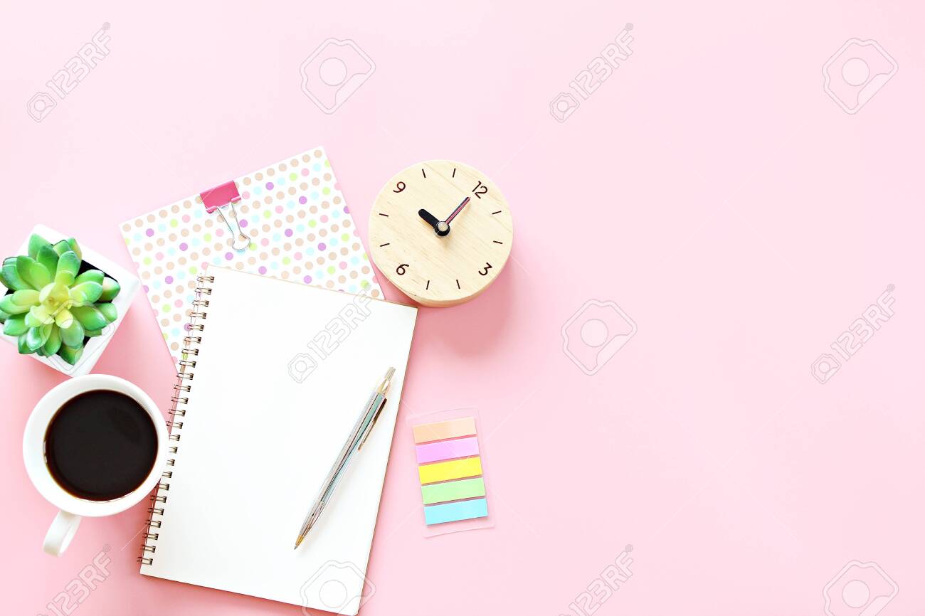 Still life, business, office supplies, working day, meeting, education, work from home concept : Notebook, clock, pen and coffee cup on pink background with copy space ready for adding or mock up - 144570955 Still life, business, office supplies, working day, meeting, education, work from home concept : Notebook, clock, pen and coffee cup on pink background with copy space ready for adding or mock up - 144570955
