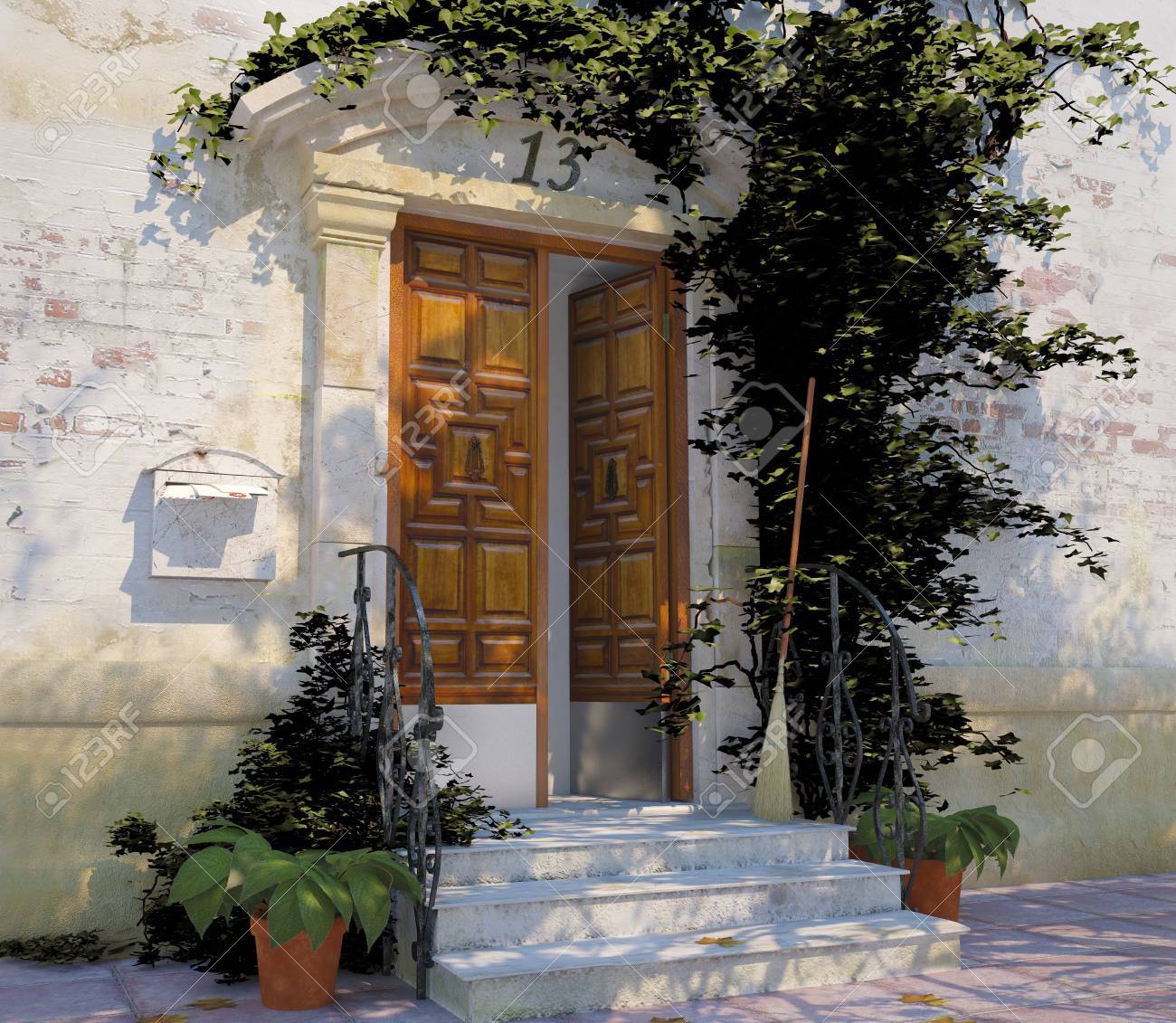 コンピューター表示のドアと美しい階段の入り口のイラスト の写真素材 画像素材 Image