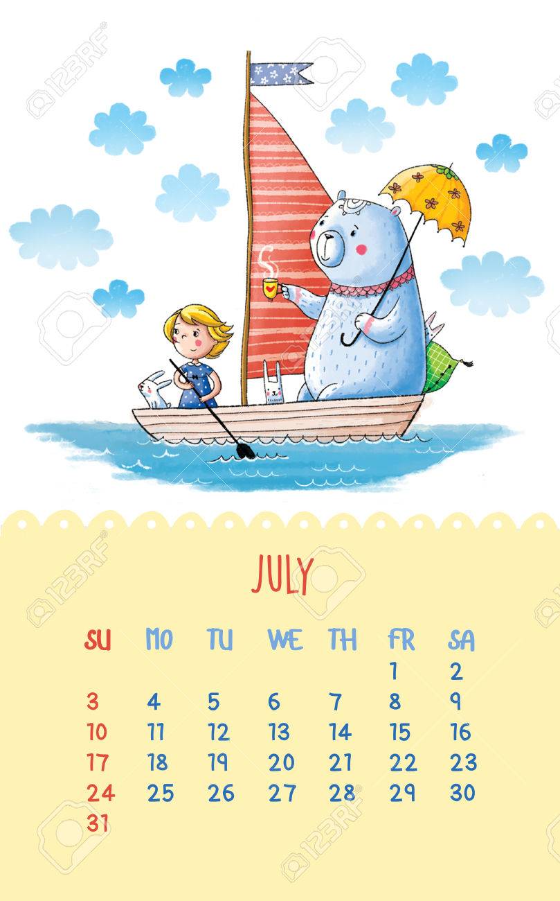 Juillet Illustration De Bande Dessinee Avec Le Bateau Ours Et Une Fille Voile Peut Etre Utilise Comme Les Cartes De Joyeux Anniversaire Banque D Images Et Photos Libres De Droits Image