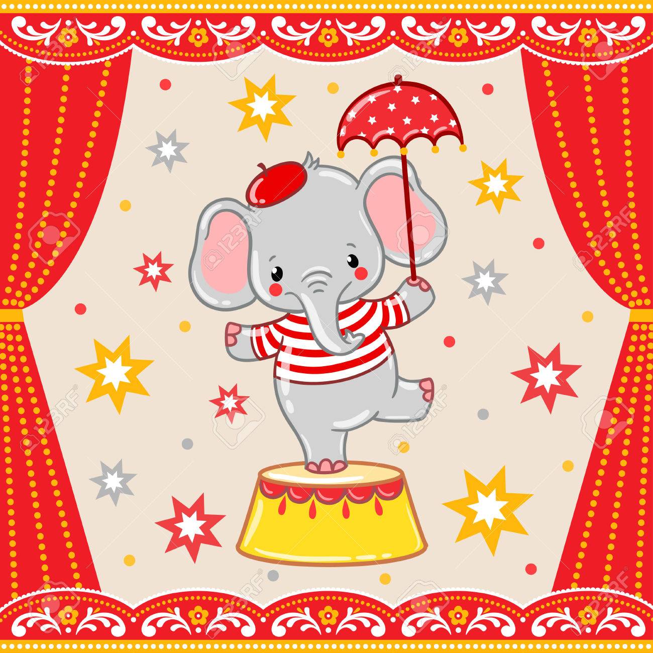 Cirque Conception De Carte De Joyeux Anniversaire Enfants Illustration Vectorielle D Un Elephant De Cirque Permanent Mignon Sur Un Bain De Cirque Clip Art Libres De Droits Vecteurs Et Illustration Image