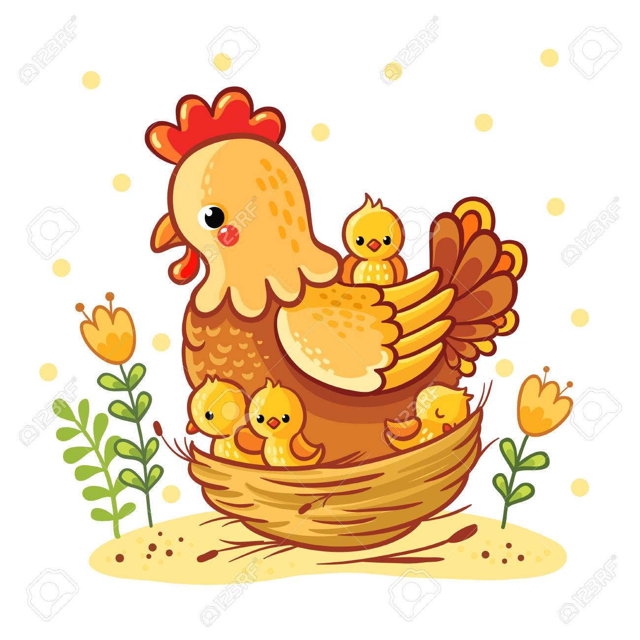 cartoon hen and chickens isolated on background farm chicken