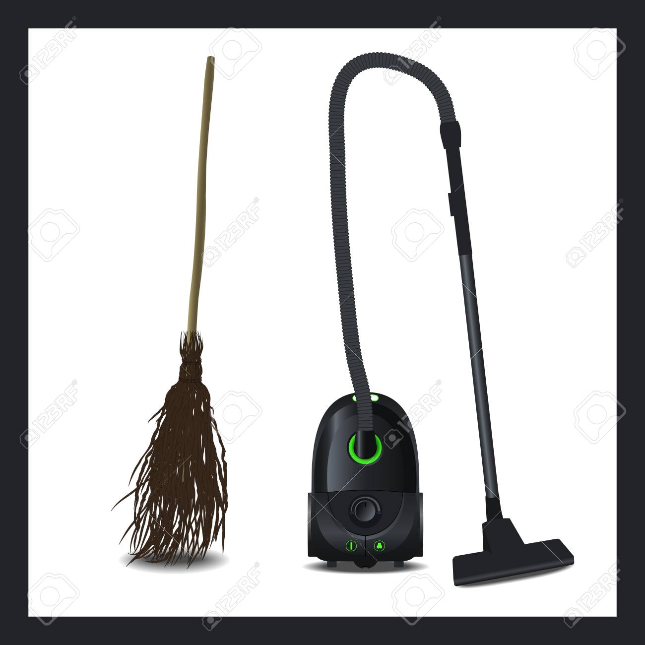 Image D'un Aspirateur Et Un Balai. L'évolution Des Evolution Des Dispositifs De Nettoyage: Un Balai, Un