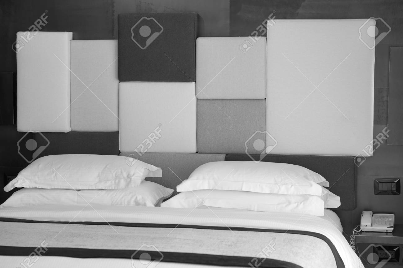 Modern bedroom interior in the hotel black and white photography stock photo 94181613