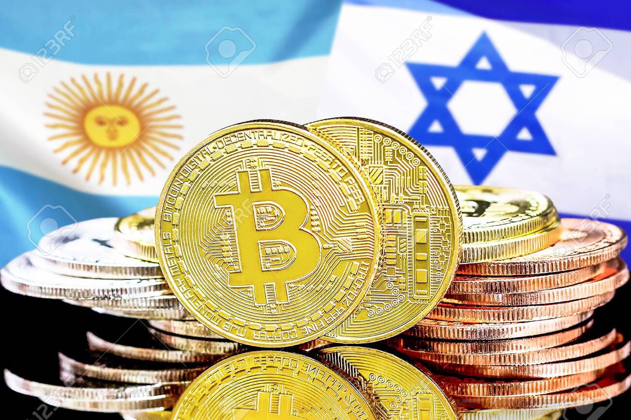 아르헨티나와 이스라엘 국기의 배경에 있는 비트코인. 아르헨티나와 이스라엘의 암호화폐 및 블록체인 기술 투자자를 위한 개념. 로열티 무료  사진, 그림, 이미지 그리고 스톡포토그래피. Image 126668517