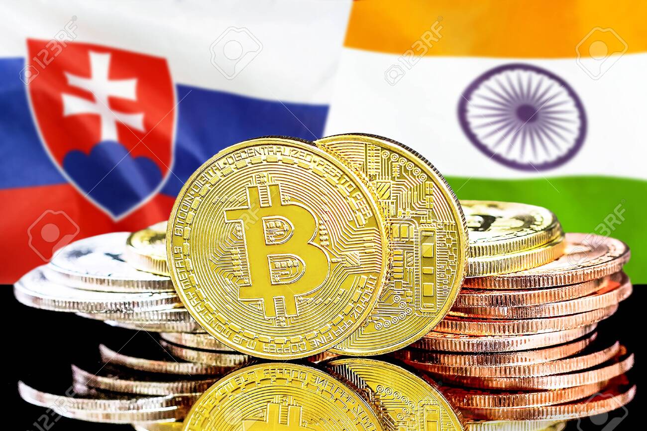 슬로바키아와 인도의 암호화폐 및 블록체인 기술 투자자를 위한 개념. 슬로바키아와 인도 국기의 배경에 있는 비트코인. 로열티 무료 사진,  그림, 이미지 그리고 스톡포토그래피. Image 126668801