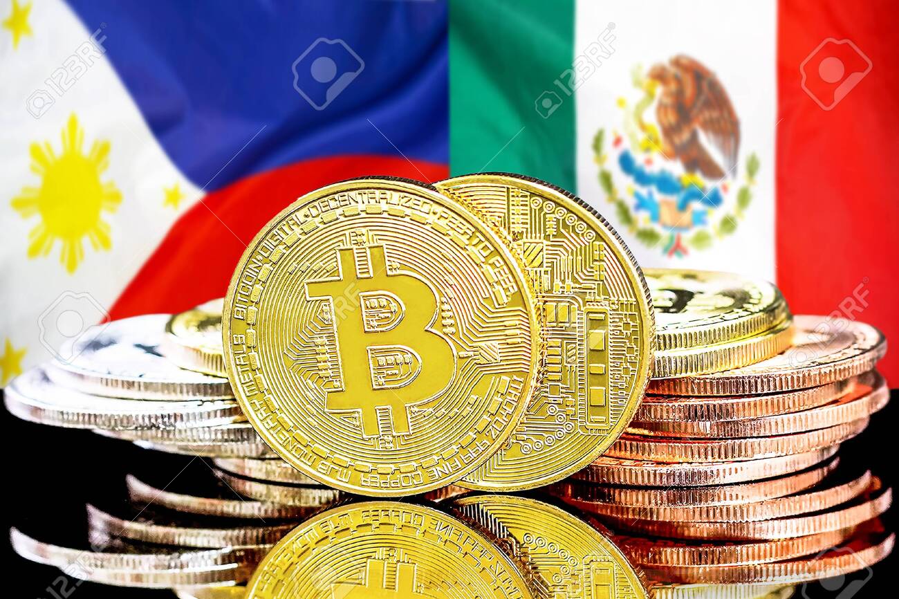 필리핀과 멕시코의 암호화폐 및 블록체인 기술 투자자를 위한 개념. 필리핀과 멕시코 국기의 배경에 있는 비트코인. 로열티 무료 사진,  그림, 이미지 그리고 스톡포토그래피. Image 132934912