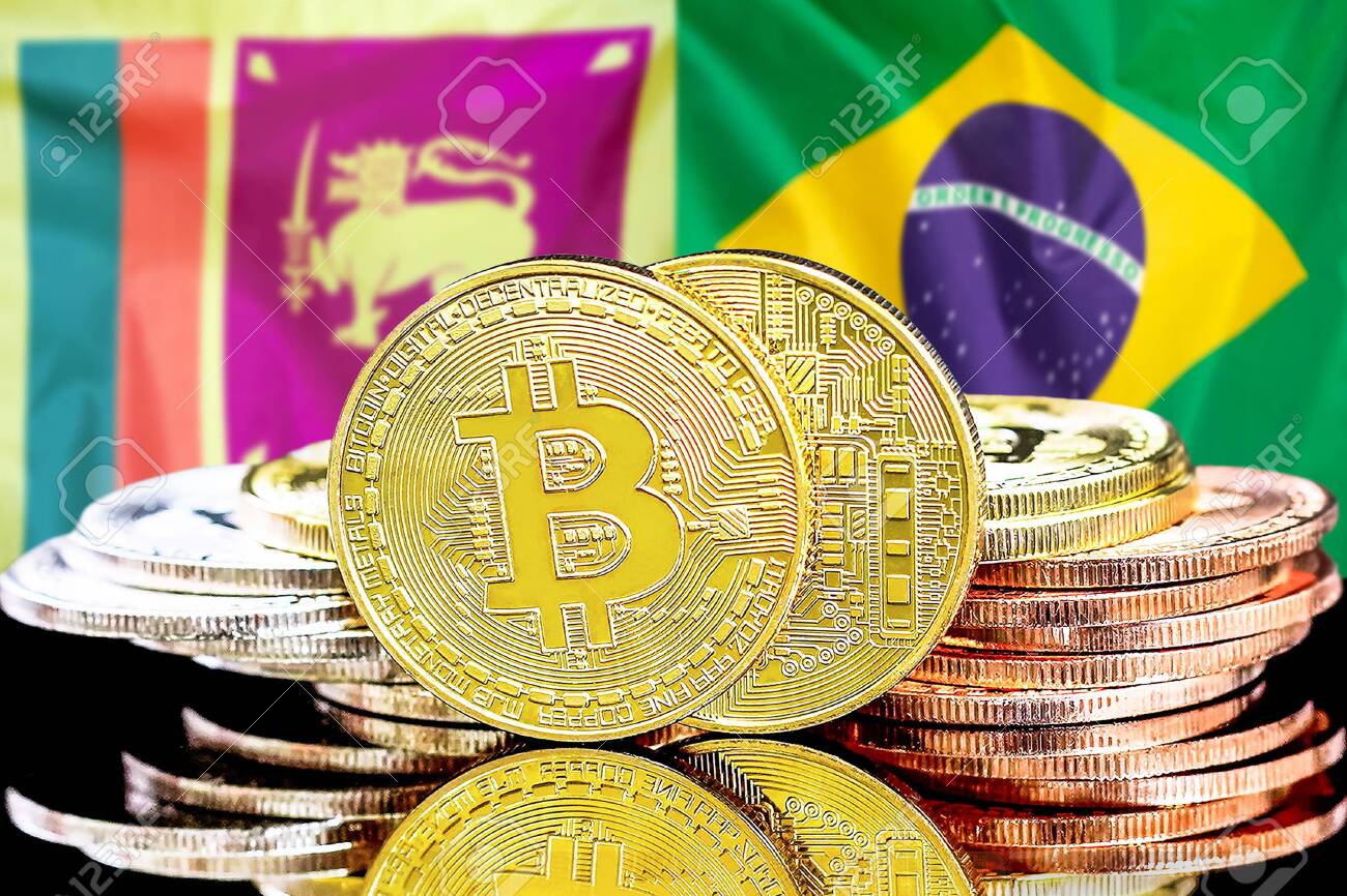 スリランカとブラジルの暗号通貨とブロックチェーン技術への投資家のためのコンセプト。旗スリランカとブラジルの背景にビットコイン。の写真素材・画像素材  Image 144068156