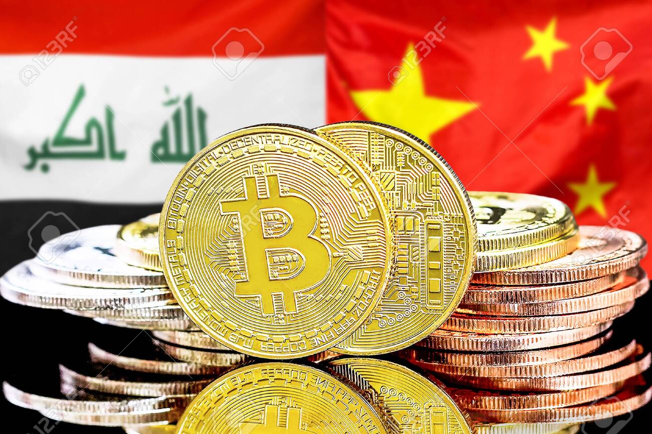 이라크와 중국의 암호화폐 및 블록체인 기술 투자자를 위한 개념. 이라크와 중국 국기의 배경에 있는 비트코인. 로열티 무료 사진, 그림,  이미지 그리고 스톡포토그래피. Image 148583604