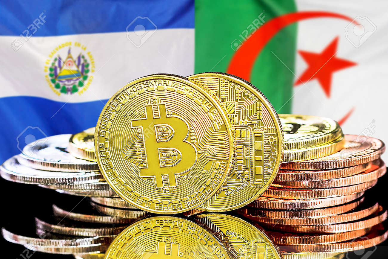 엘살바도르와 알제리 국기를 배경으로 엘살바도르와 알제리 비트코인의 암호화폐 및 블록체인 기술 투자자를 위한 개념 로열티 무료 사진,  그림, 이미지 그리고 스톡포토그래피. Image 170389367