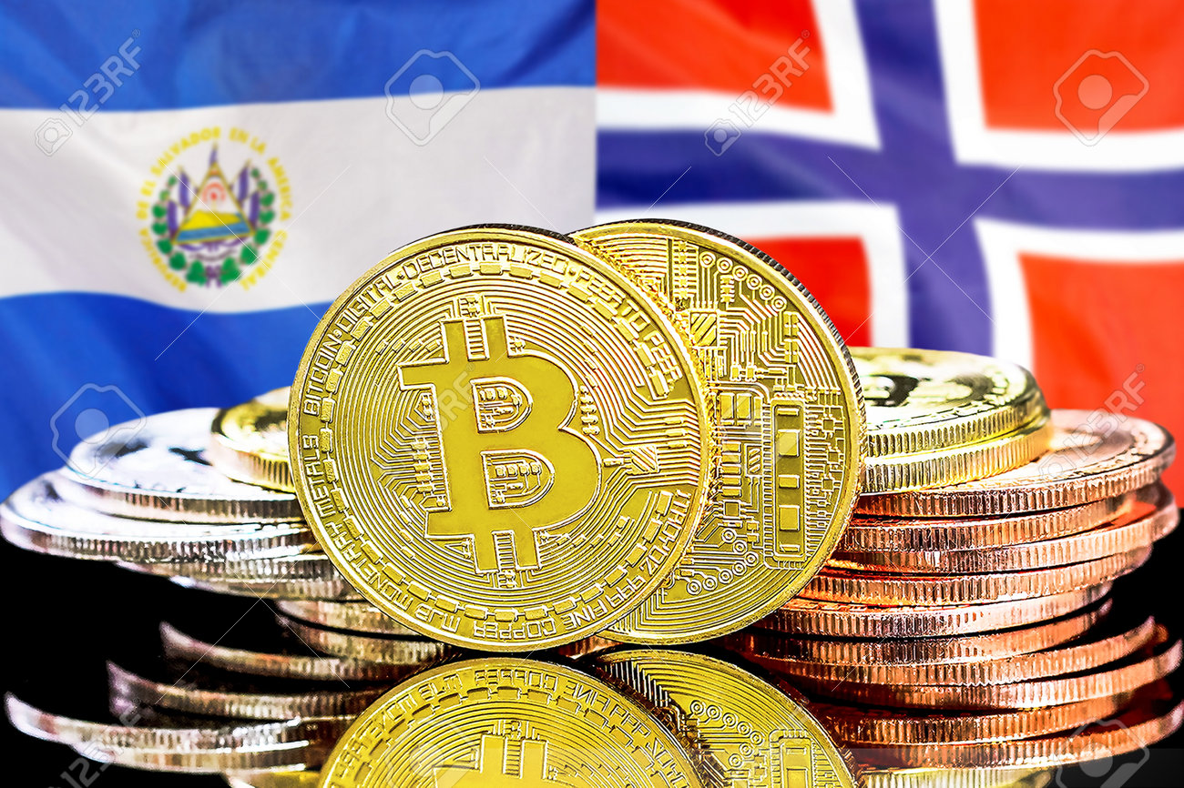 エルサルバドルとノルウェーの暗号通貨とブロックチェーンテクノロジーへの投資家のためのコンセプト。エルサルバドルとノルウェーの旗の背景にビットコインの写真素材・画像素材  Image 170033715