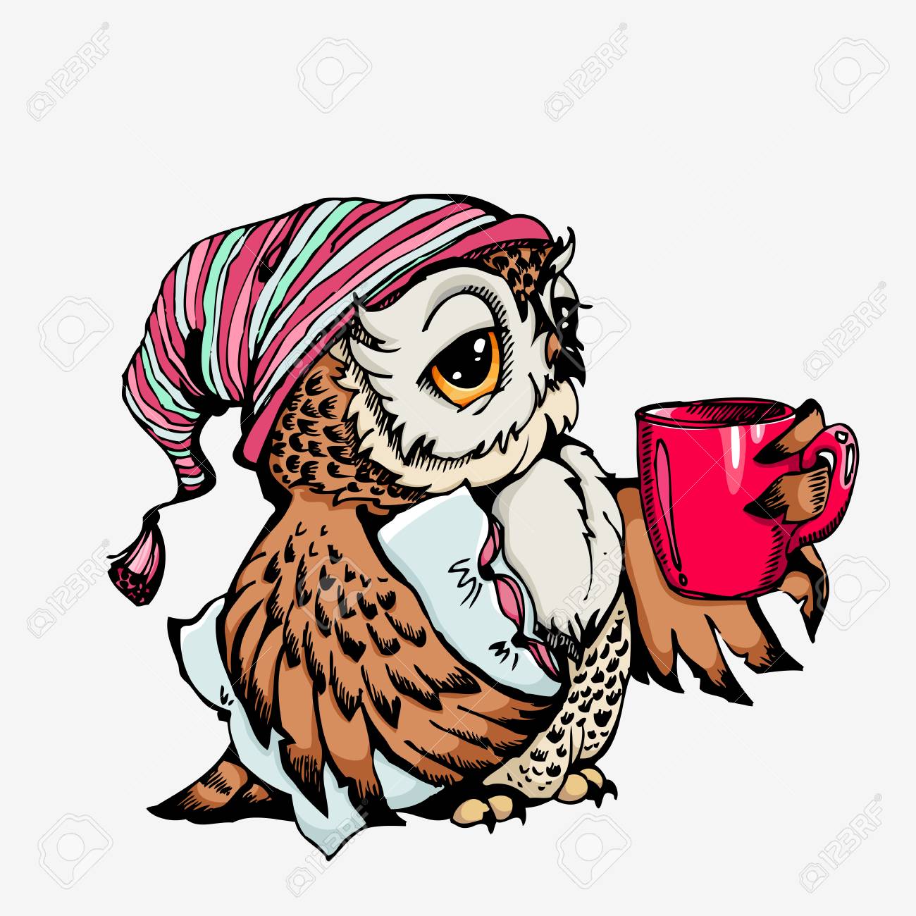 ベクトルかわいいフクロウ手描き漫画キャラクター バッグやtシャツプリント ファッションプリントデザイン要素 ポスターに使用できます のイラスト素材 ベクタ Image