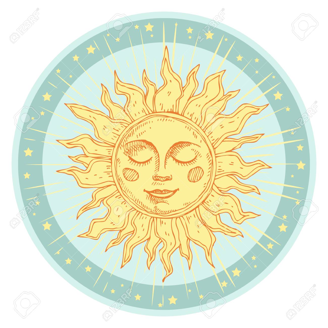 Hand drawn sun with face and starburst stylized as engraving. Can be used as print for T-shirts and bags, cards, decor element. Vector astrology symbol - 93203117 Hand drawn sun with face and starburst stylized as engraving. Can be used as print for T-shirts and bags, cards, decor element. Vector astrology symbol - 93203117