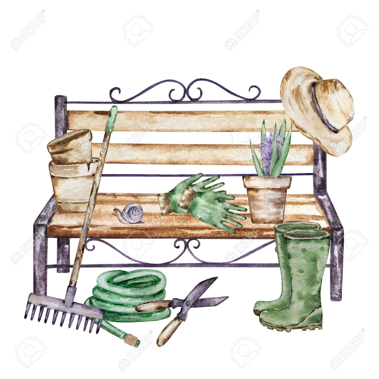 花とベンチ 水彩画 【公式通販】