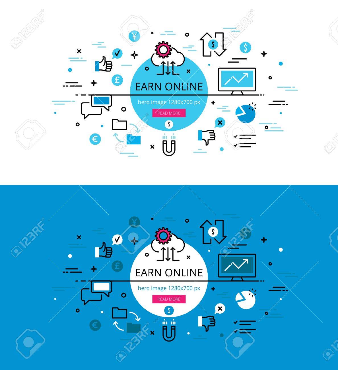 オンライン収益のトレンディなイラスト概念のセットです 使用する準備ができてウェブサイトとアクション ボタンへの呼び出しでアプリのフラット デザイン バナー広告を行します のイラスト素材 ベクタ Image