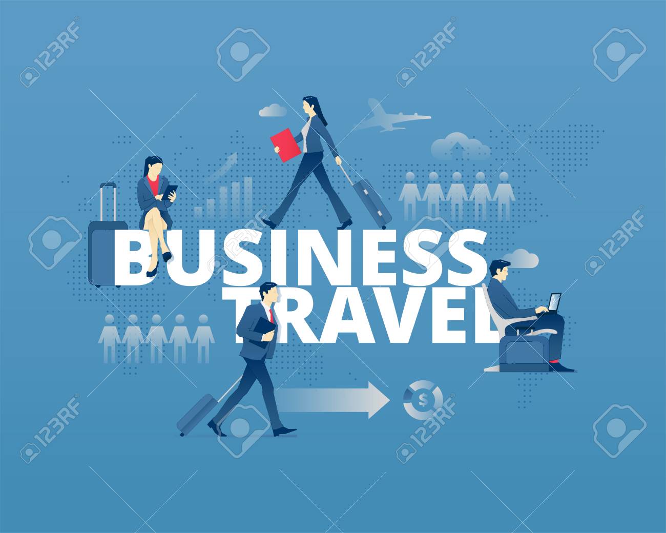 visual metaphor of world business trip men and women faceless business trip