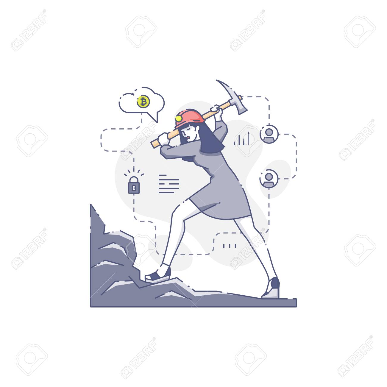 鉱石採掘 Bitcoins をつるはしで作業ヘルメットの若い女性 のイラスト素材 ベクタ Image 鉱石採掘 Bitcoins をつるはしで作業ヘルメットの若い女性 のイラスト素材 ベクタ Image