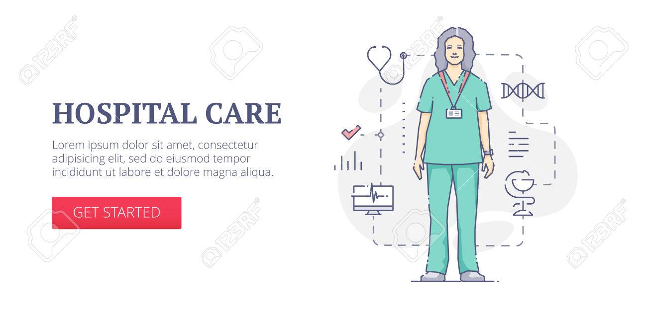 vector banner template with woman doctor in green uniform with