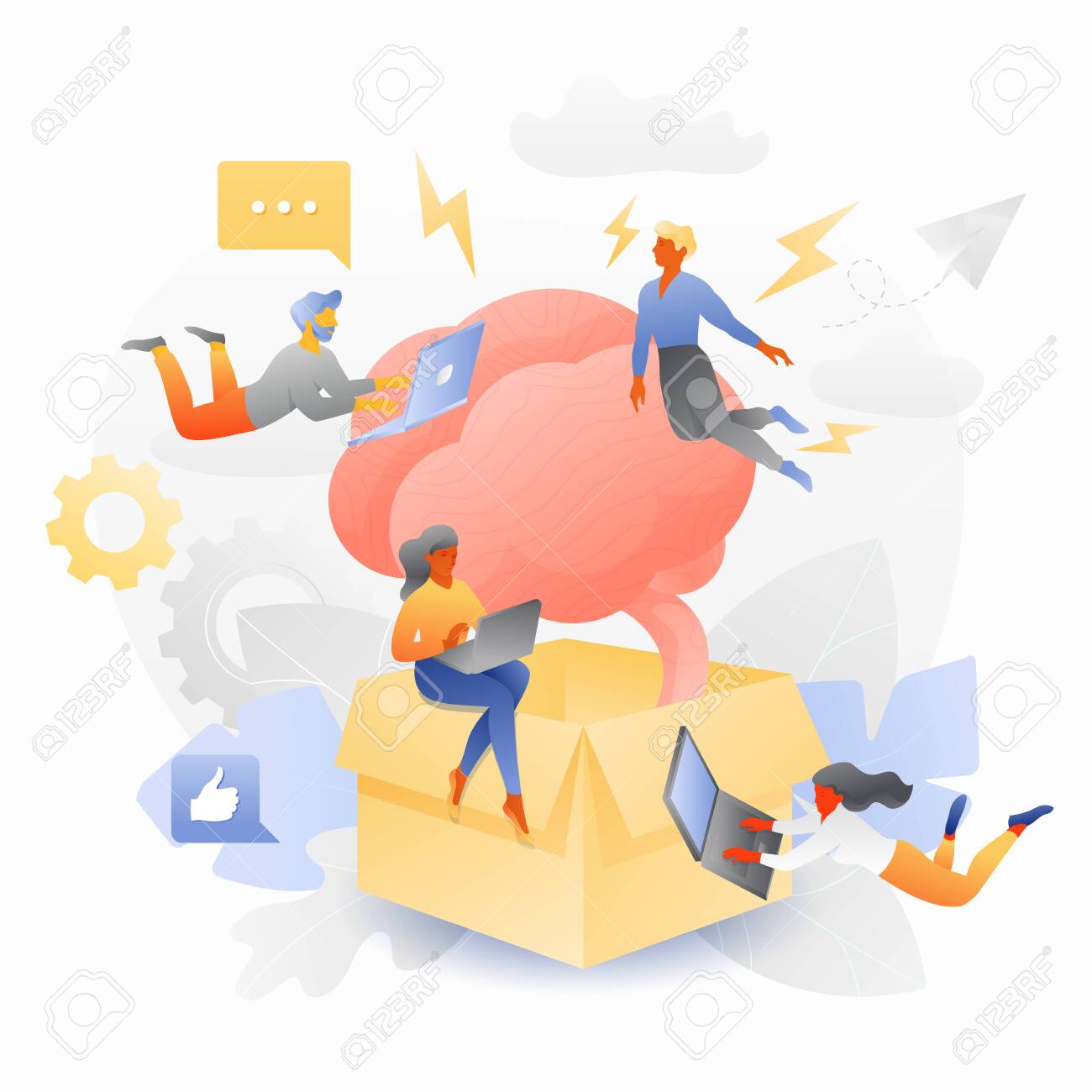 Thinking Beyond The Box By Tiny Multicultural Entrepreneurs. Vector  Metaphor Of Thinking Outside The Box Or Divergent Thinking. Royalty Free  SVG, Cliparts, Vectors, and Stock Illustration. Image 123859509., image size:1300x1300