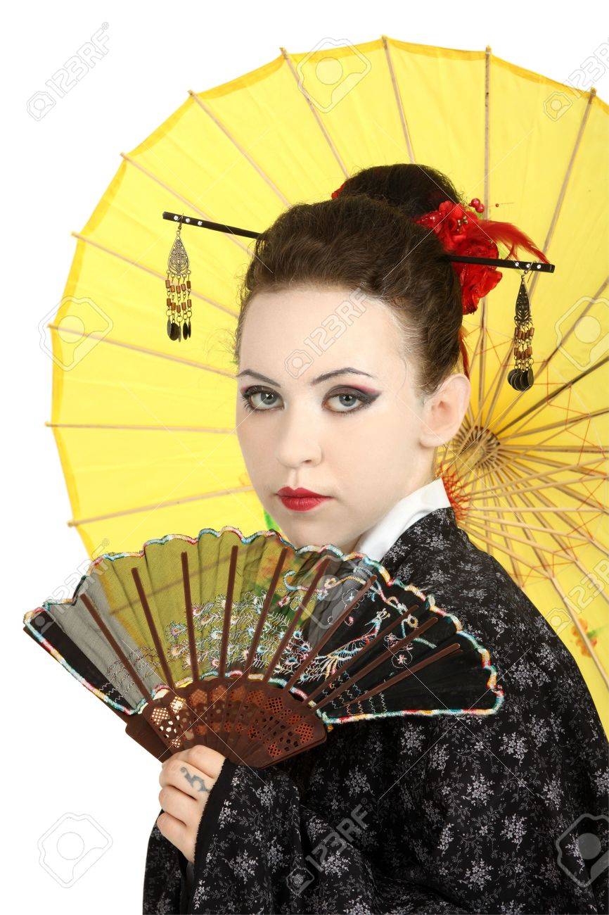 The Japanese Geisha On A White Background With A Fan And An Umbrella Stock  Photo, Picture and Royalty Free Image. Image 5146561., image size:866x1300