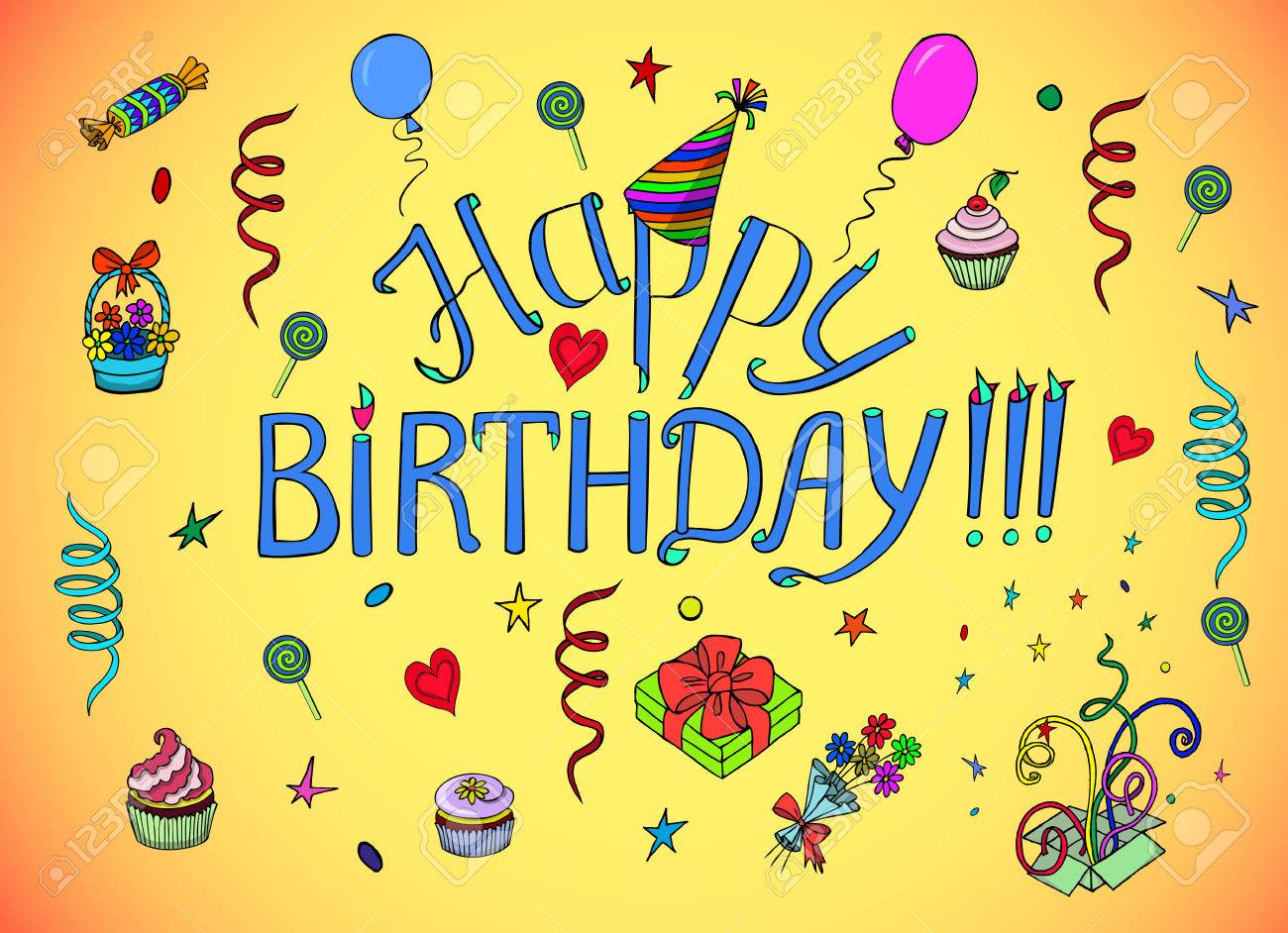 happy birthday words with colorful attributes of its celebration