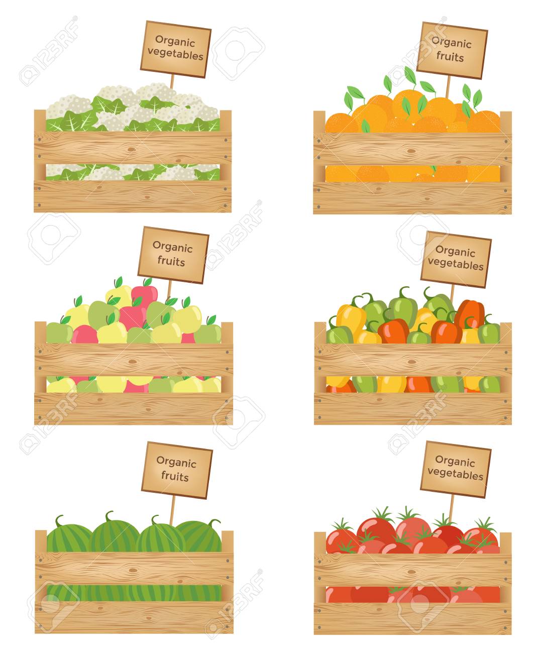 野菜や果物の木箱 有機果物や野菜 ベクトルイラスト のイラスト素材 ベクタ Image