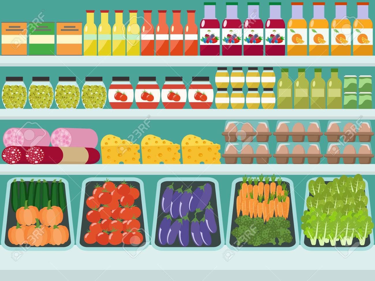 Store shelves with groceries, food and drinks. Vector flat illustration. - 91353482 Store shelves with groceries, food and drinks. Vector flat illustration. - 91353482